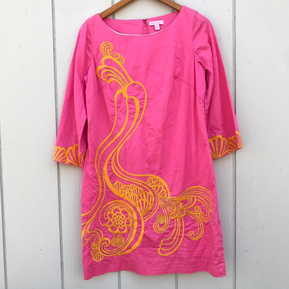 Lilly Pulitzer Hot Pink Shift Dress with Gold Embroidery